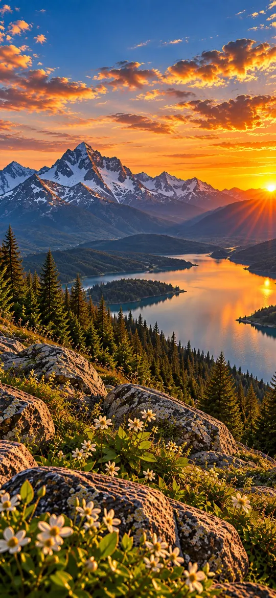 Sunset over snowy mountains and a golden lake with white wildflowers on rocks