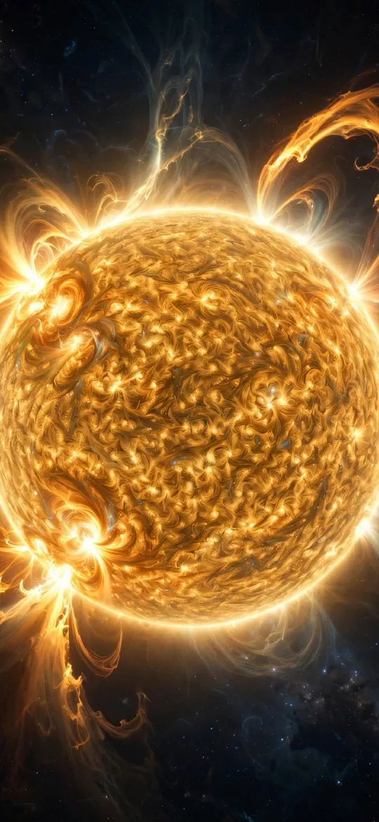 Glowing golden sun with swirling plasma and solar flares against dark starry space