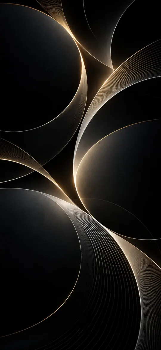Thin gold and silver arcs forming overlapping circles on a black background