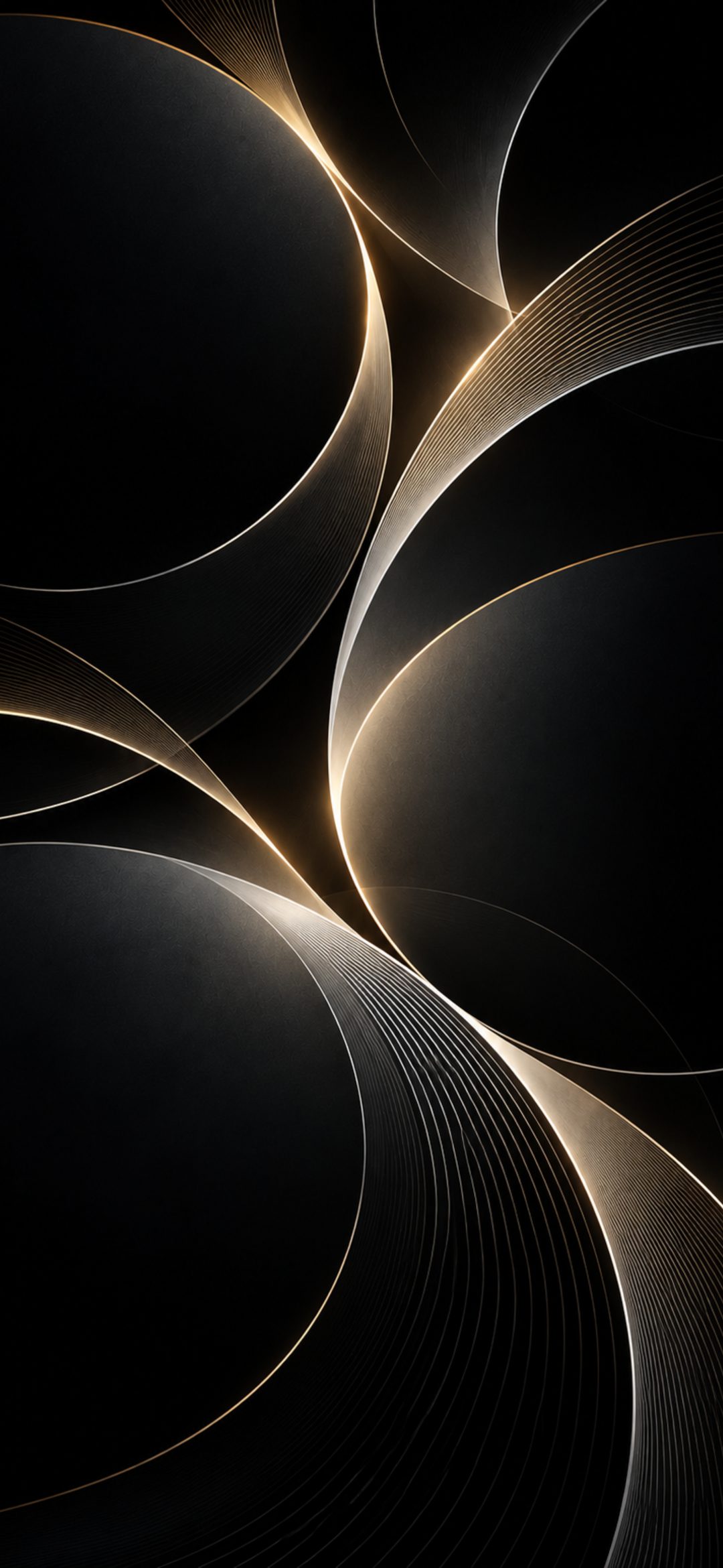 Thin gold and silver arcs forming overlapping circles on a black background