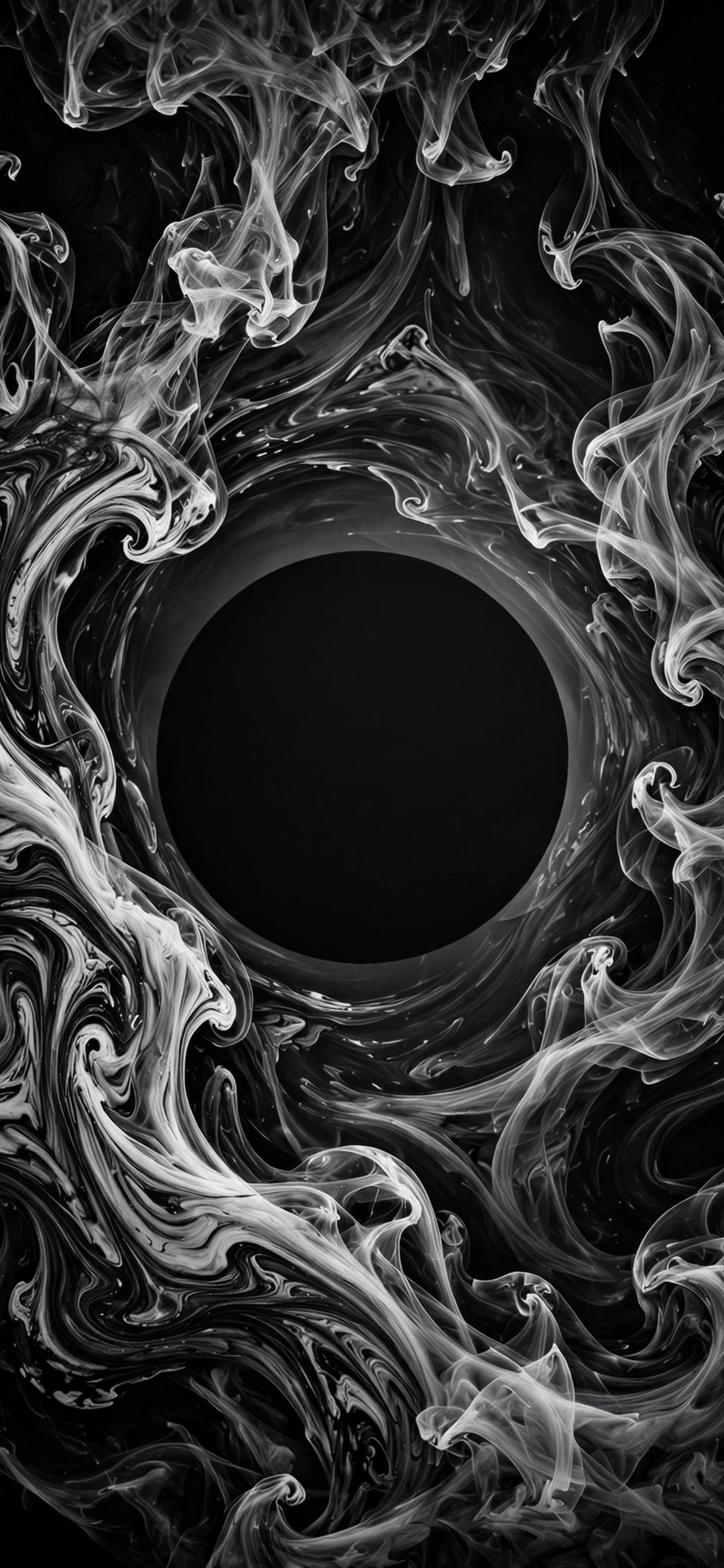 Black and white smoke swirls surrounding a dark circular void
