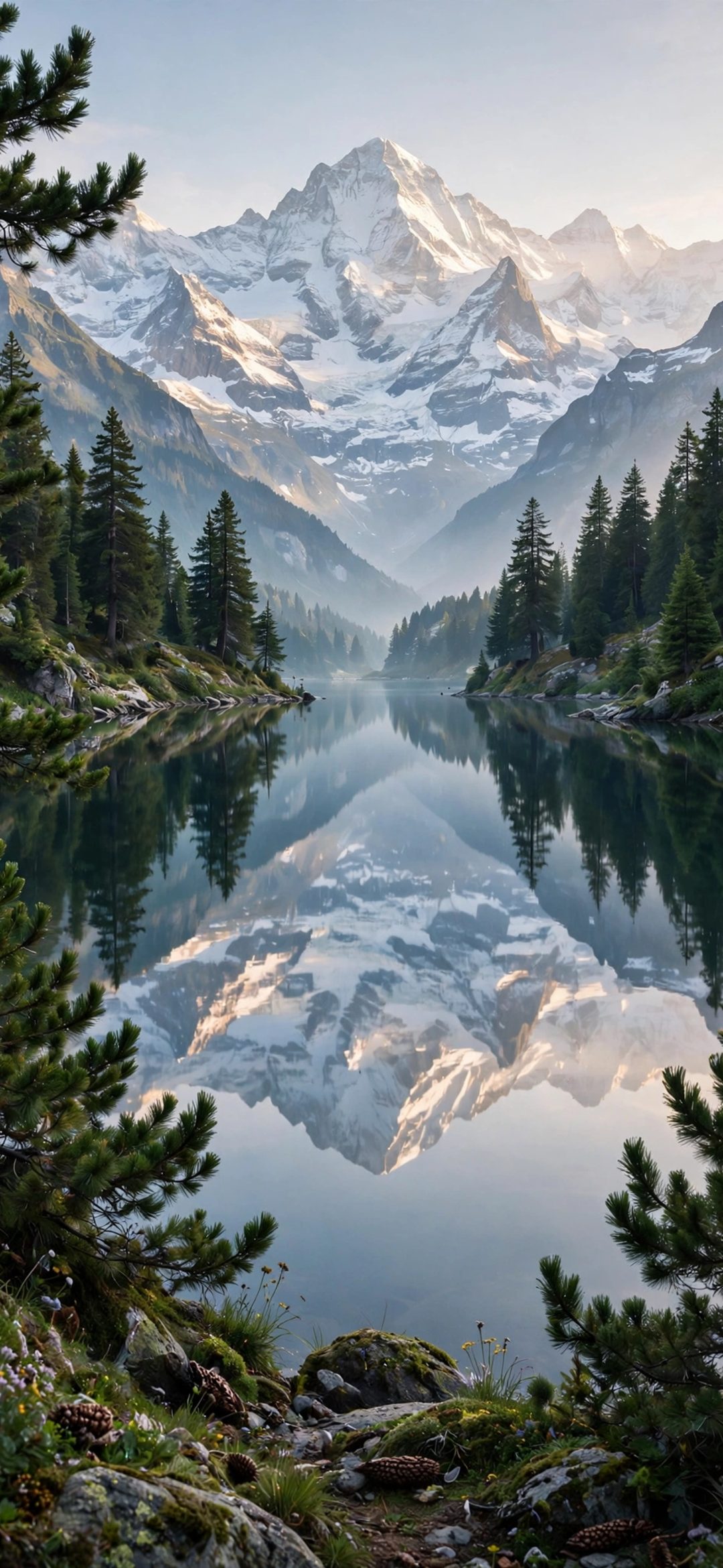 Snowy mountain reflected in a calm lake framed by pine trees and mossy rocks