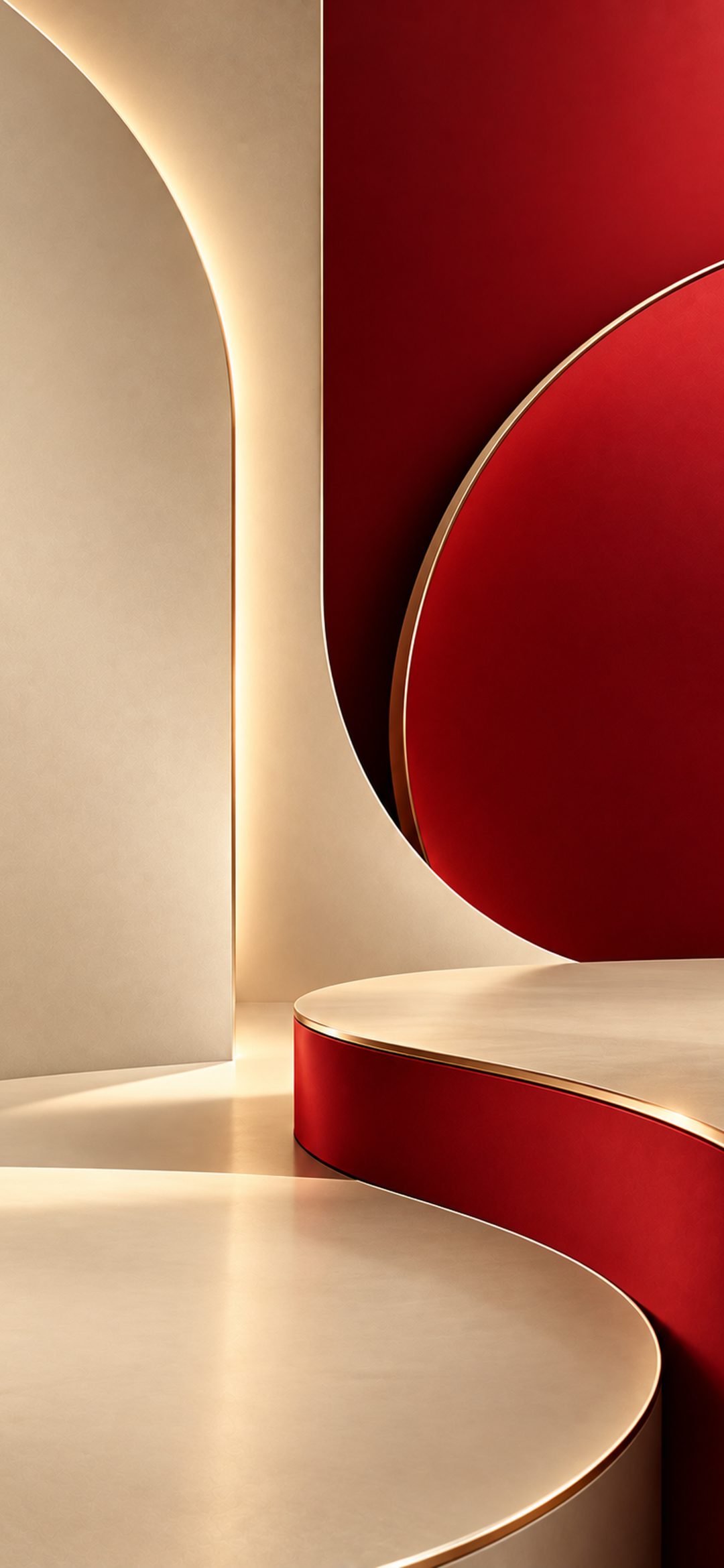 Curved beige walls and platform beside a crimson arc with glowing gold edges