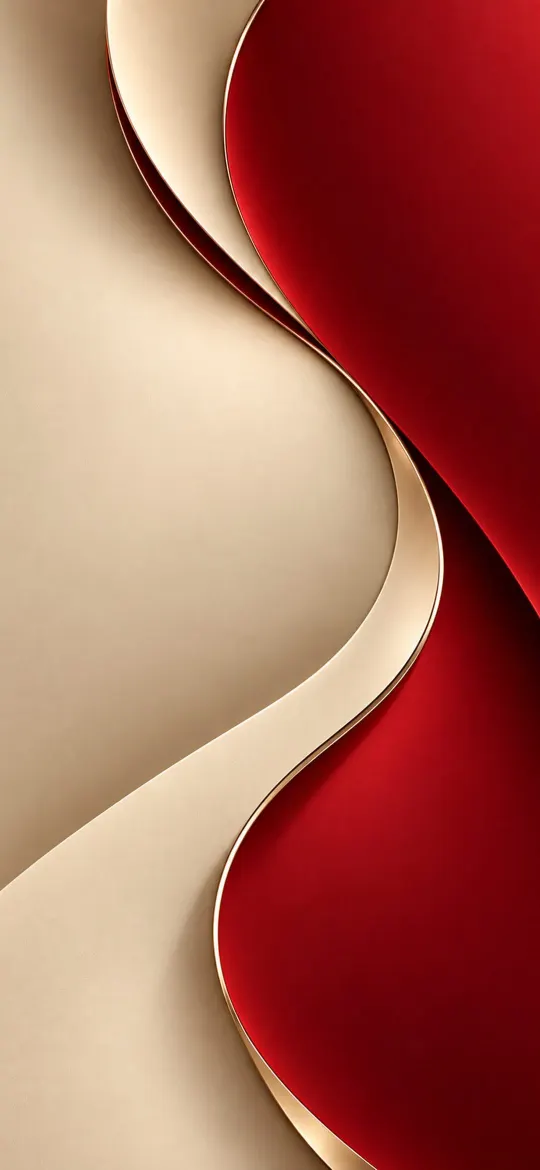 Layered beige and deep red curved shapes with thin gold edges