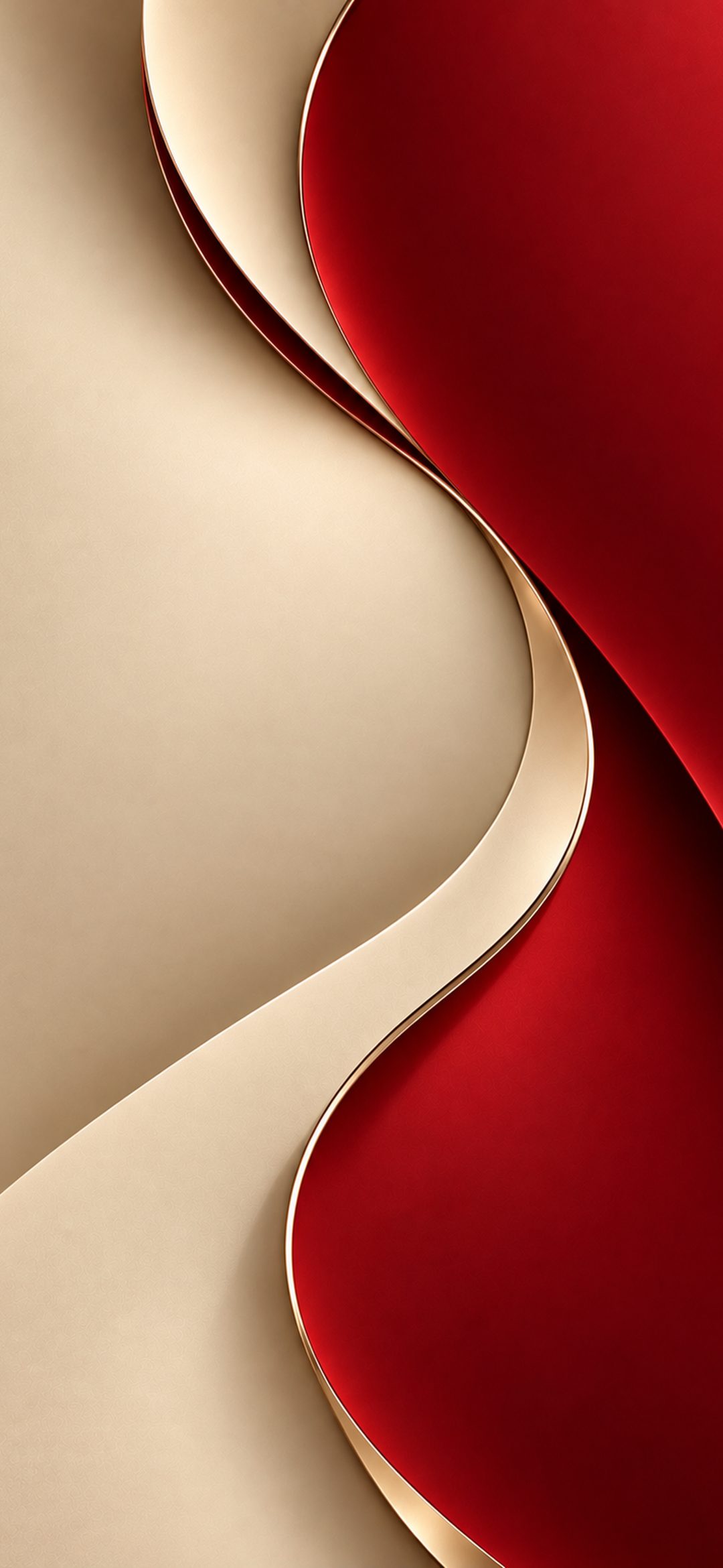 Layered beige and deep red curved shapes with thin gold edges