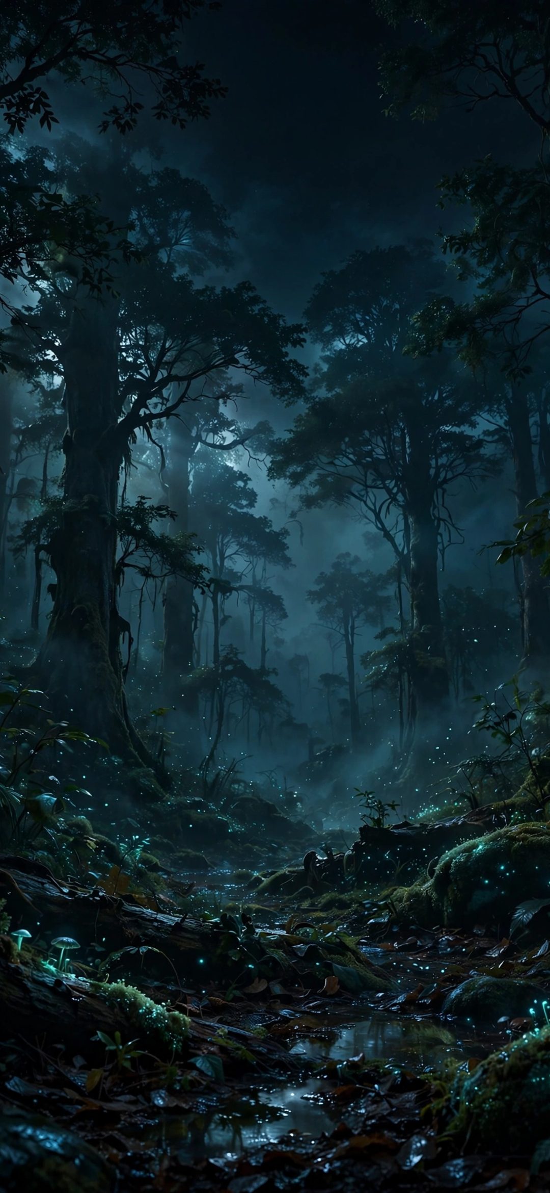 Foggy dark forest at night with tall trees and small glowing green plants