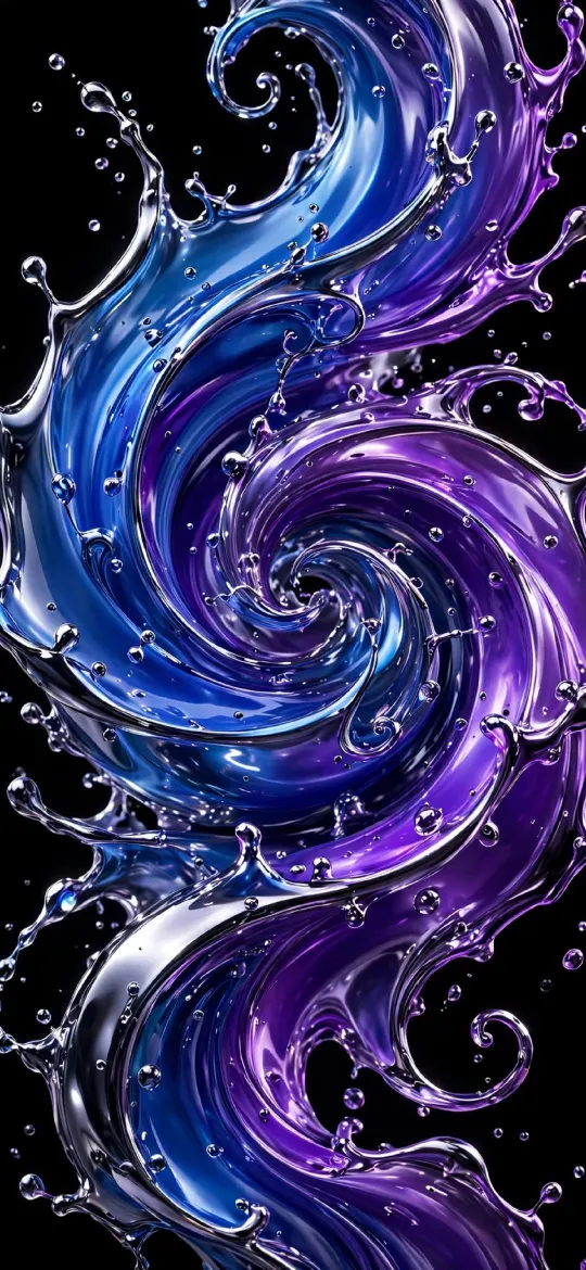 Blue, purple and silver liquid swirl with splashes on a black background