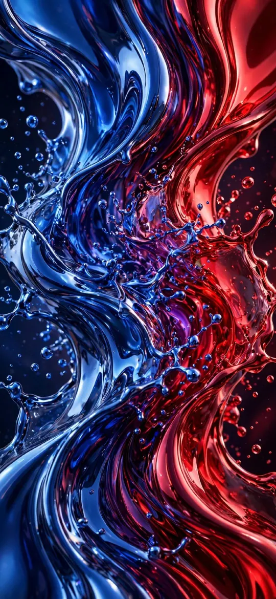 Glossy blue and red liquid splashes colliding with droplets on dark background