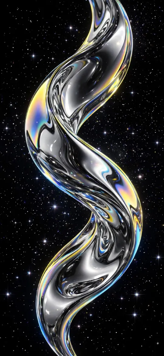 Iridescent chrome S-shaped ribbon against a black starry sky