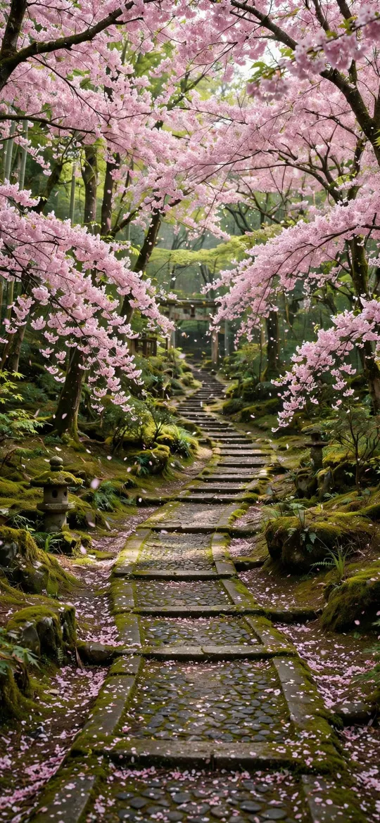 Stone path through a forest lined with pink cherry blossom trees