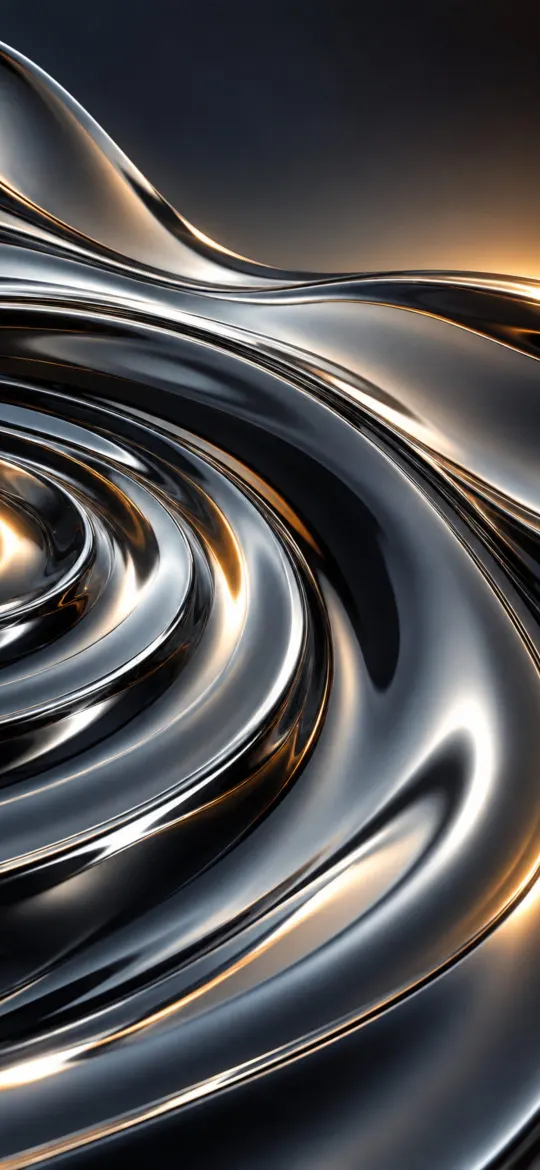 Silver chrome ripples with warm amber reflections on a dark graphite background