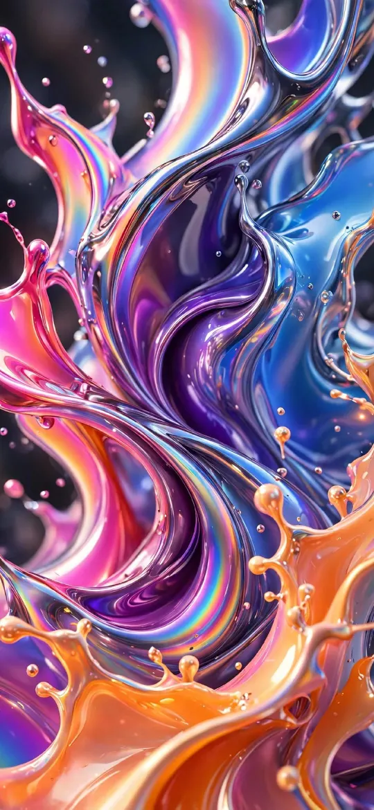 Swirling glossy pink, purple, blue and orange liquid with droplets on dark background