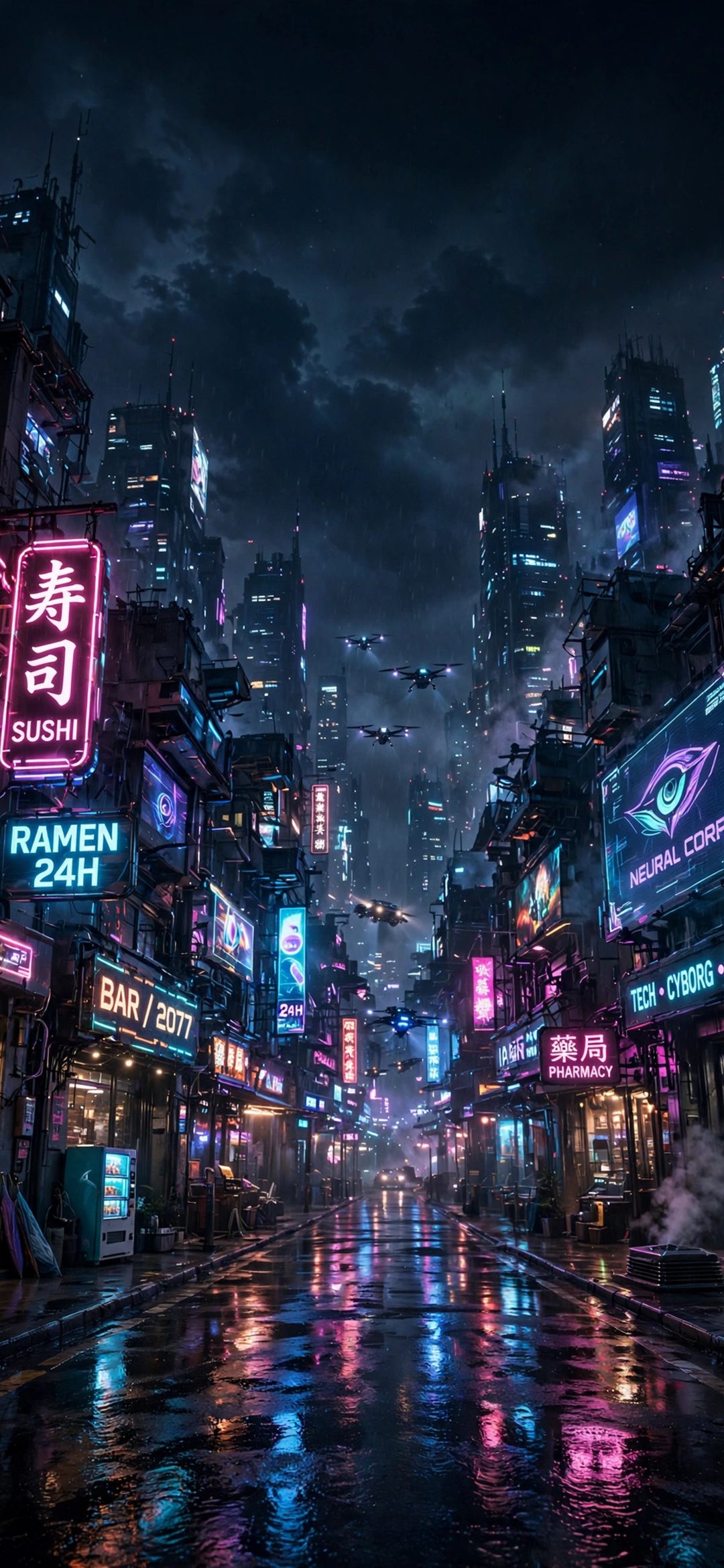 Rainy neon-lit city street at night with skyscrapers, signs and flying drones