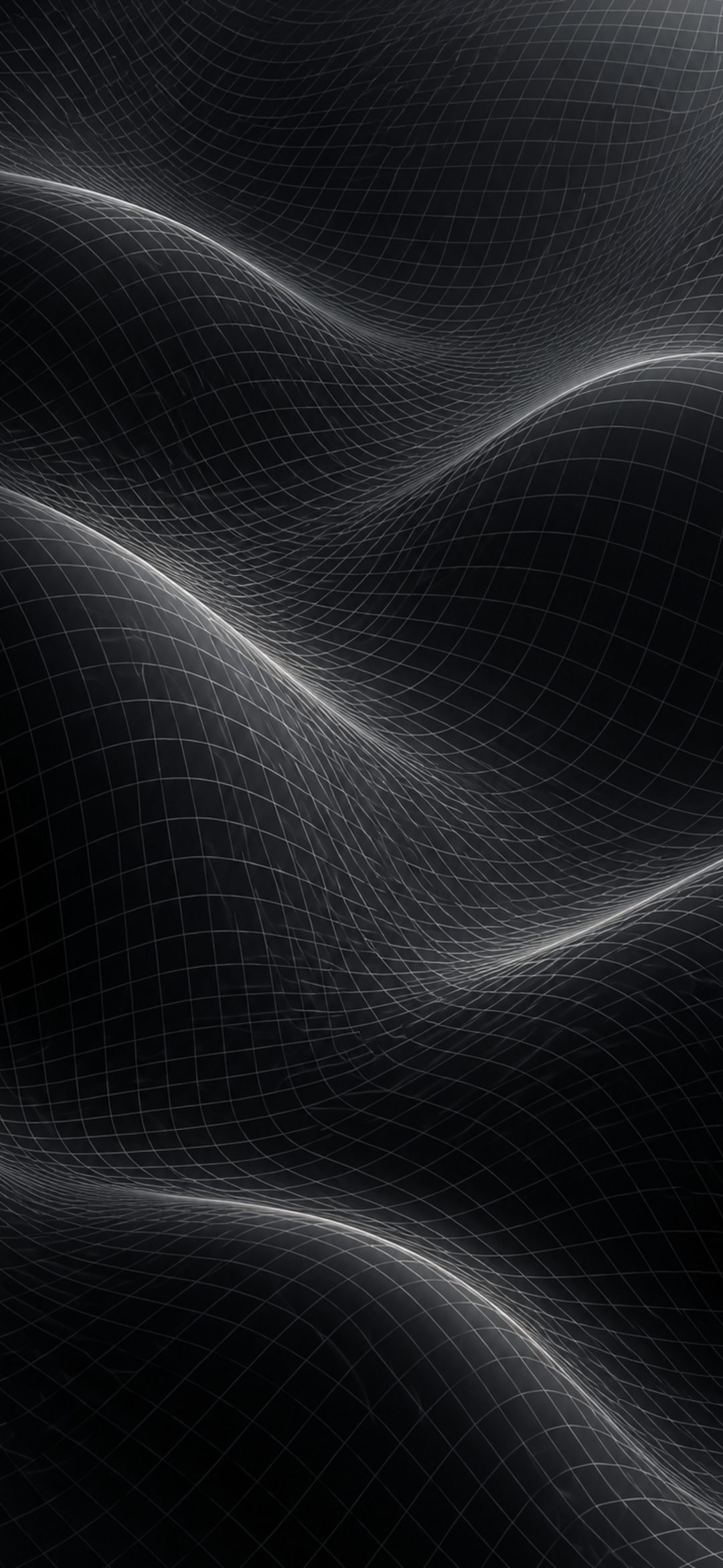 Grey wireframe mesh forming gentle waves on a black background