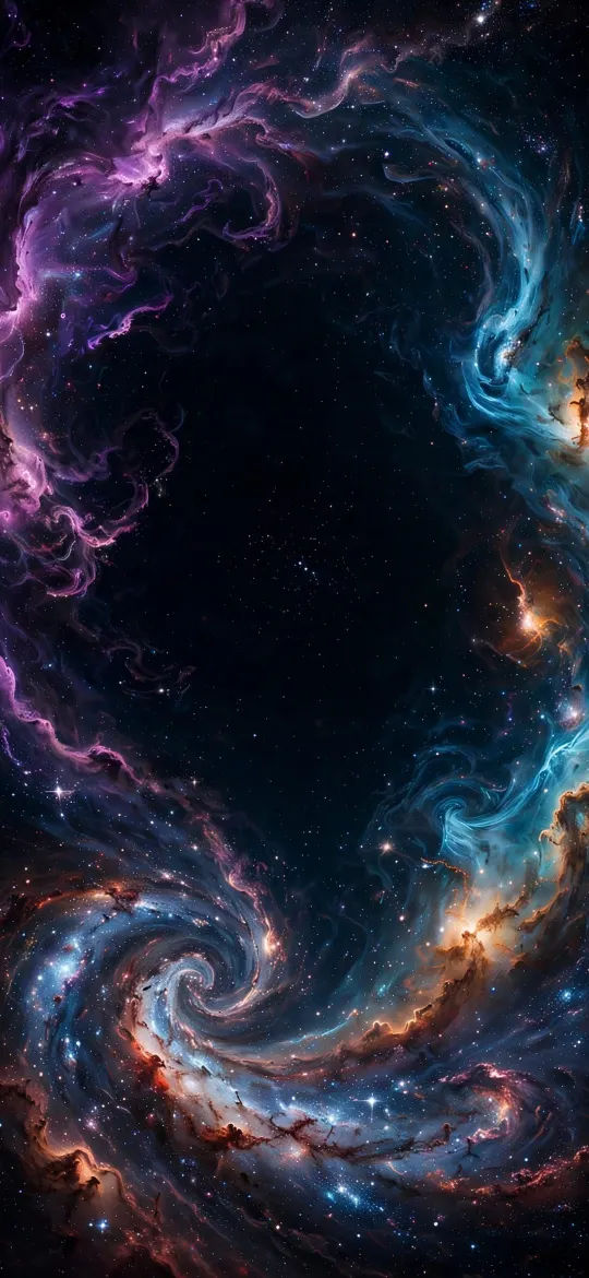 Purple and blue nebula clouds spiralling around a dark starry centre