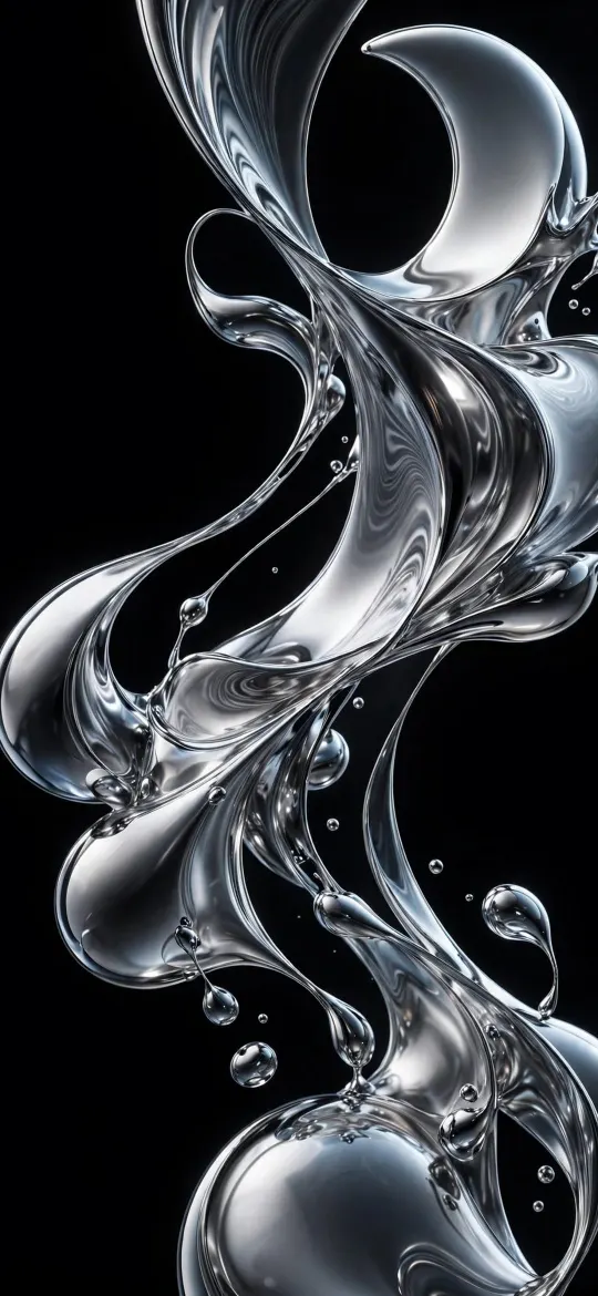Silver liquid glass ribbons and droplets swirling upward on a black background