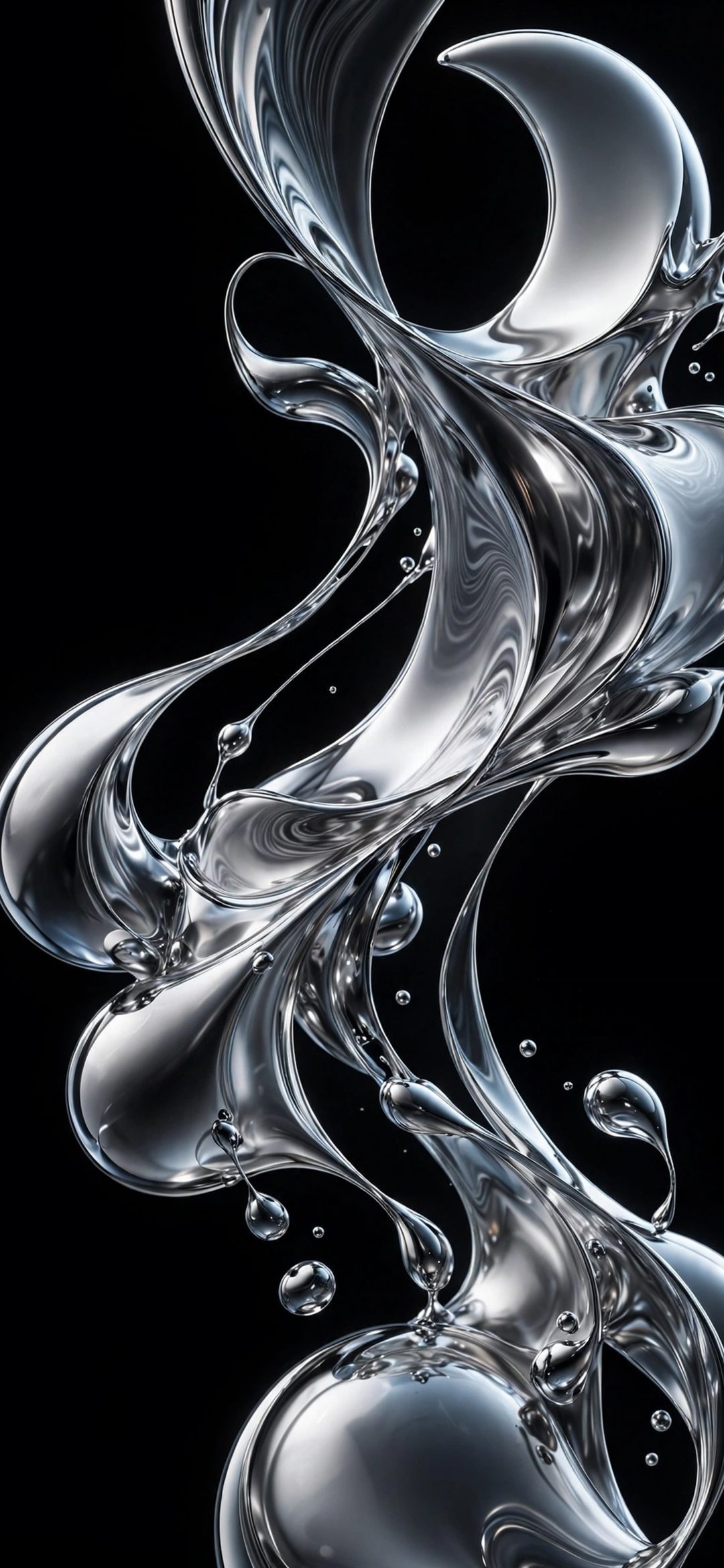 Silver liquid glass ribbons and droplets swirling upward on a black background