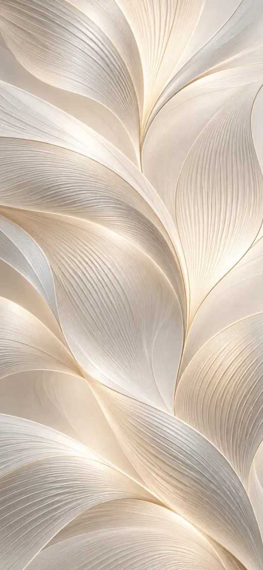 Overlapping pearl white and champagne leaf shapes with fine etched lines