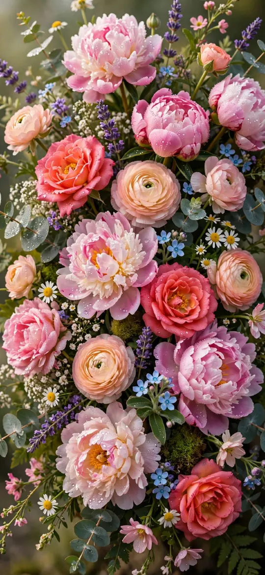 Bouquet of pink peonies, coral roses, ranunculus, daisies and blue forget-me-nots