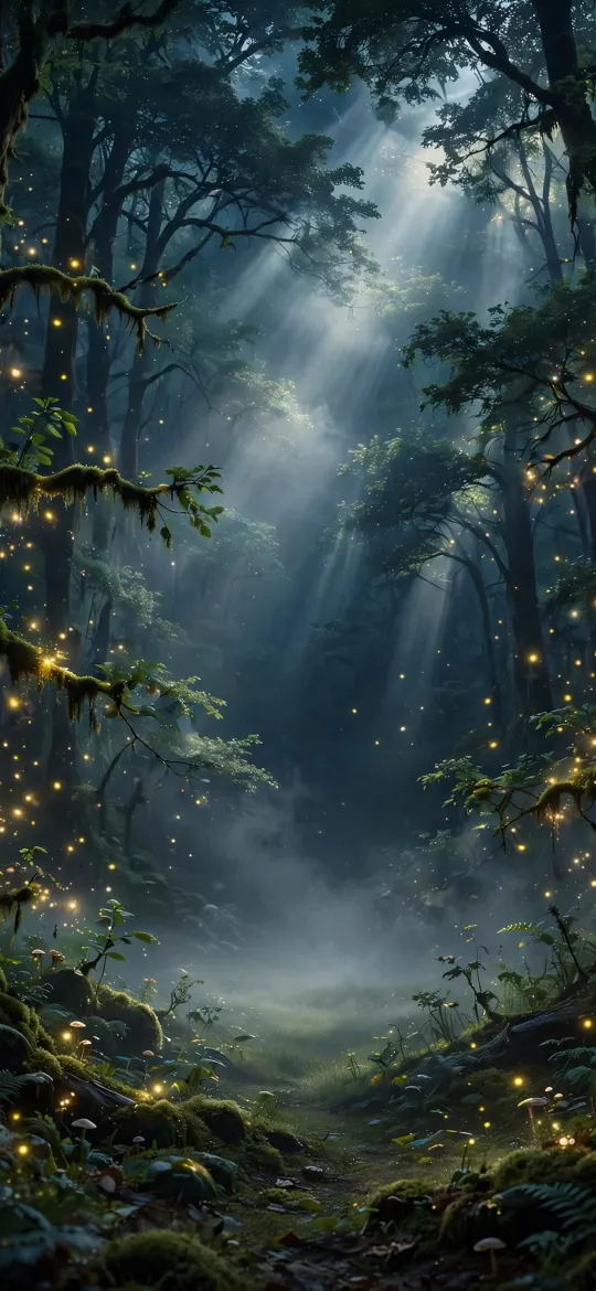 Misty forest with light rays, mossy trees and glowing golden fireflies