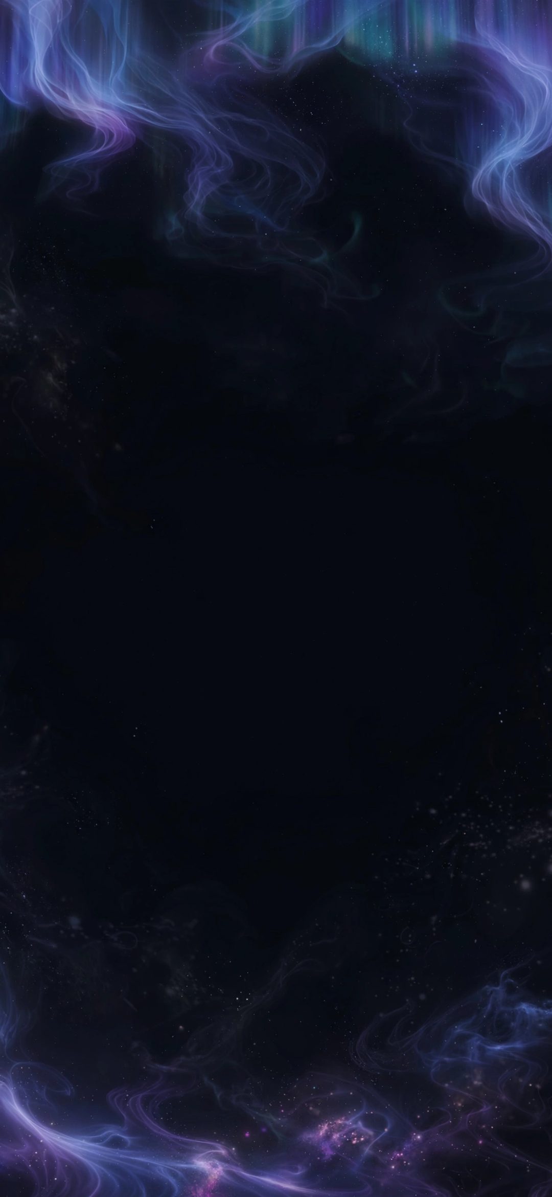 Purple and blue aurora wisps at top and bottom of a dark starry sky