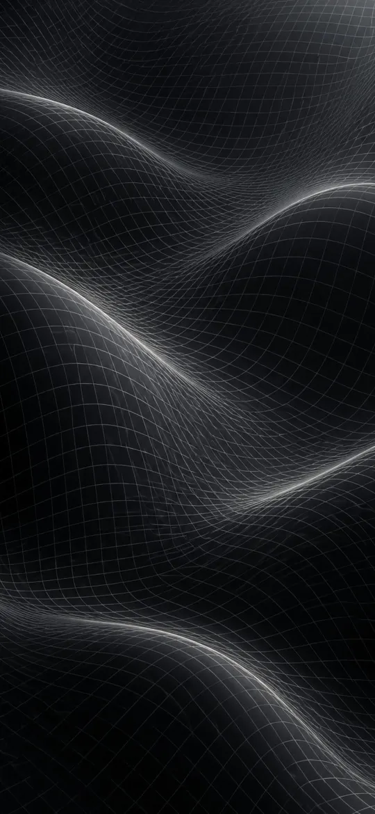 White wireframe grid bending into waves over a dark charcoal background