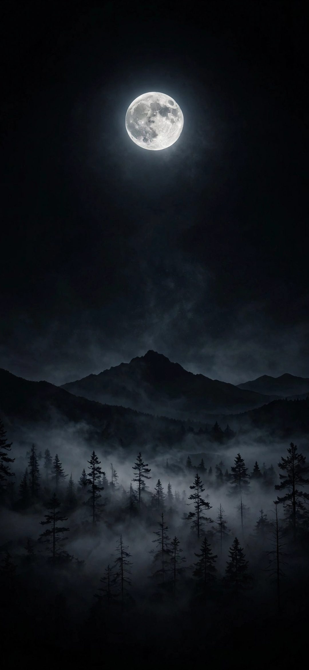 Full moon above a dark mountain and misty pine forest at night