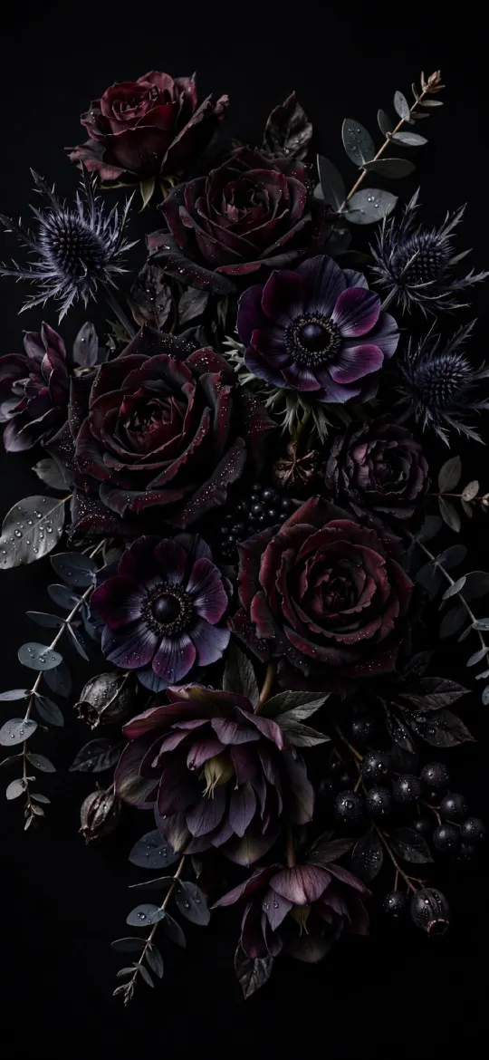Dark bouquet of burgundy roses, purple anemones and thistles on black