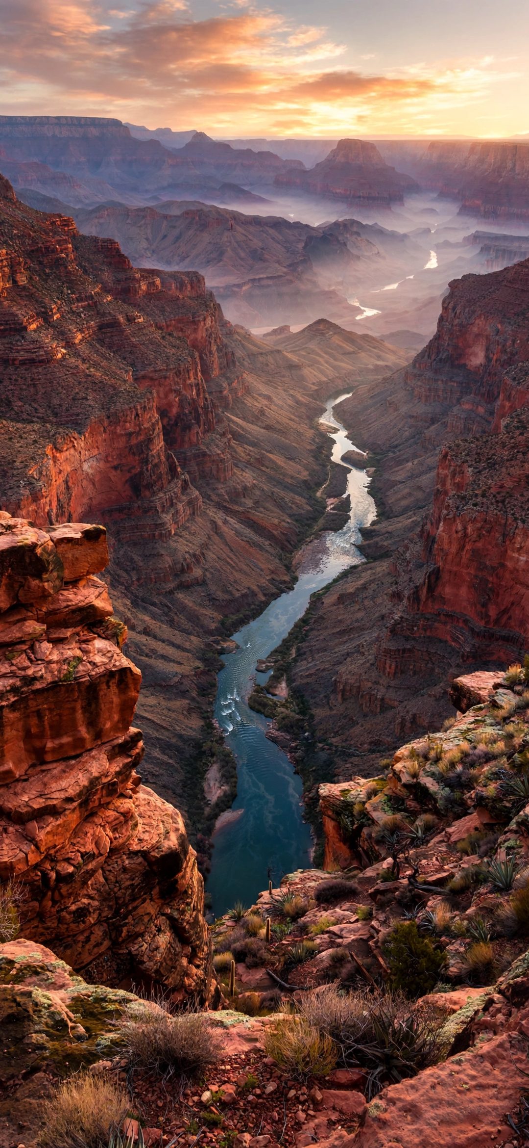 River winding through red rock canyon cliffs under an orange sunset sky