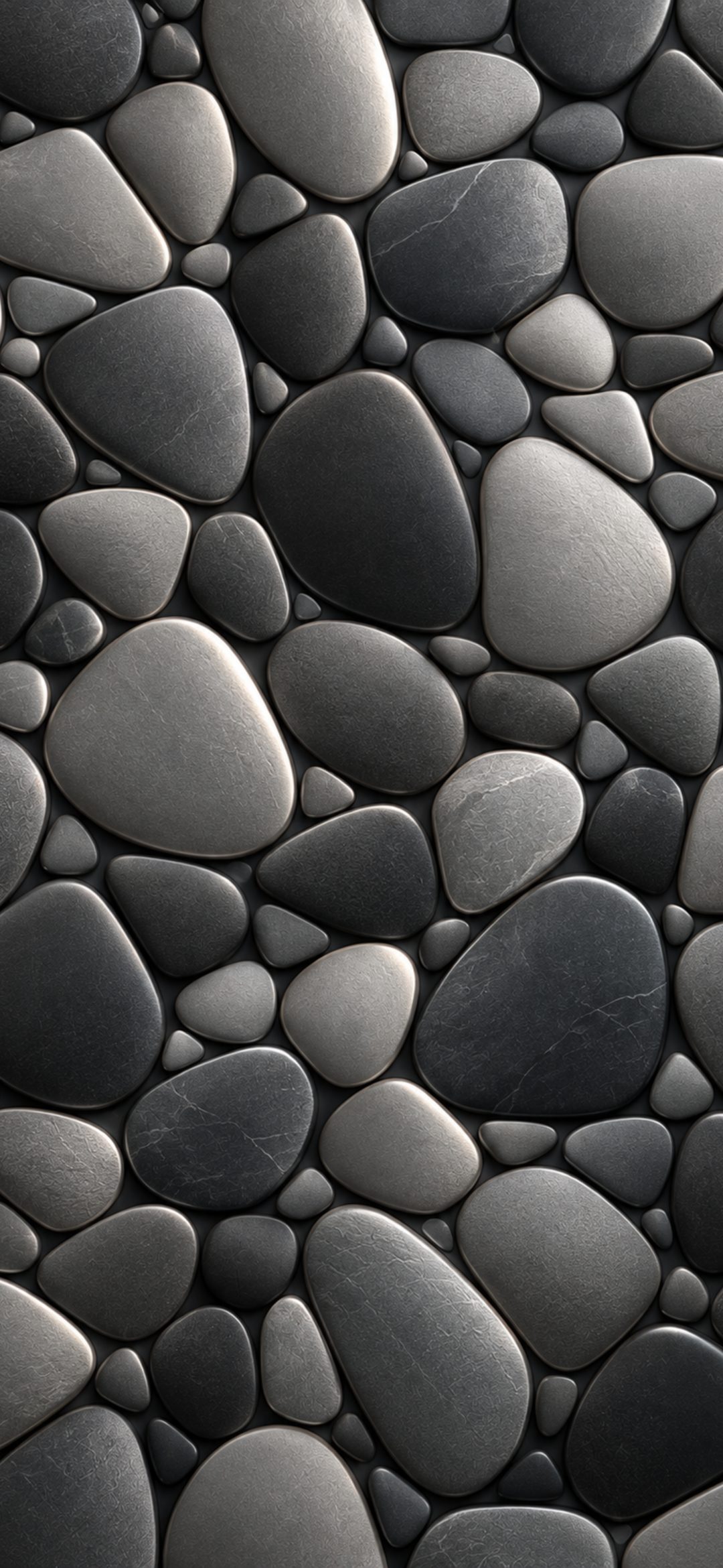 Smooth grey and charcoal pebbles packed closely together