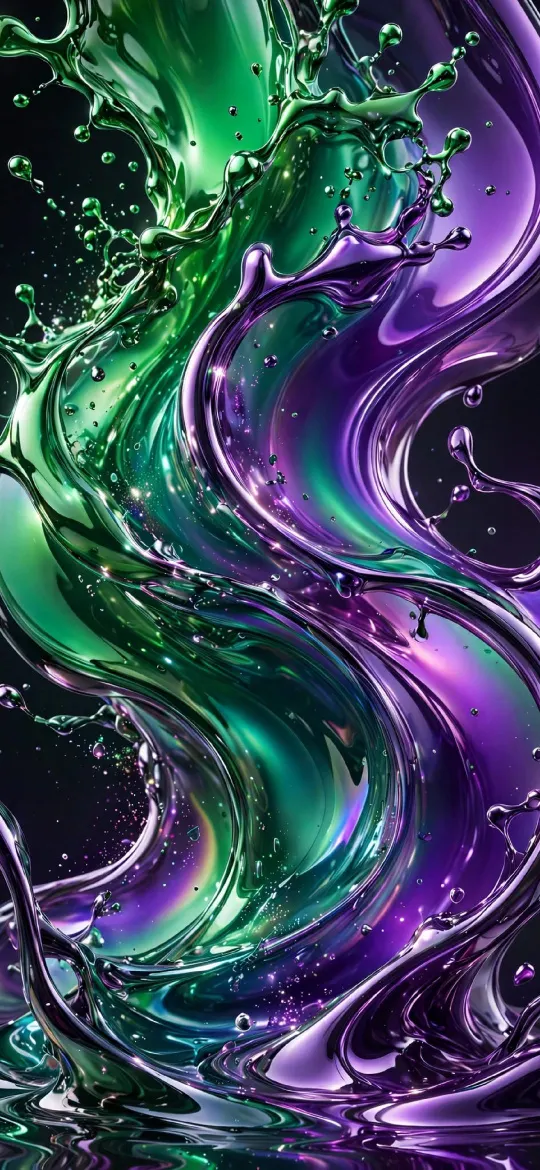 Emerald green and violet glossy liquid waves splashing on a dark background