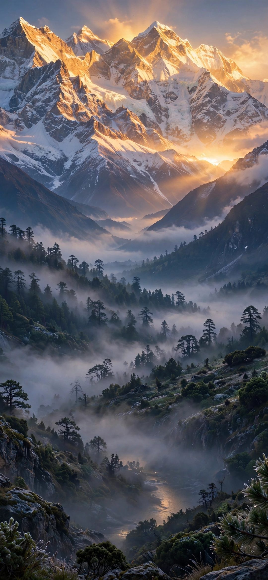 Golden sunlit snow peaks above a misty pine valley with a river