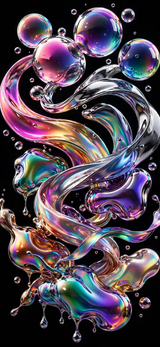 Iridescent chrome bubbles and twisted rainbow ribbons on a black background