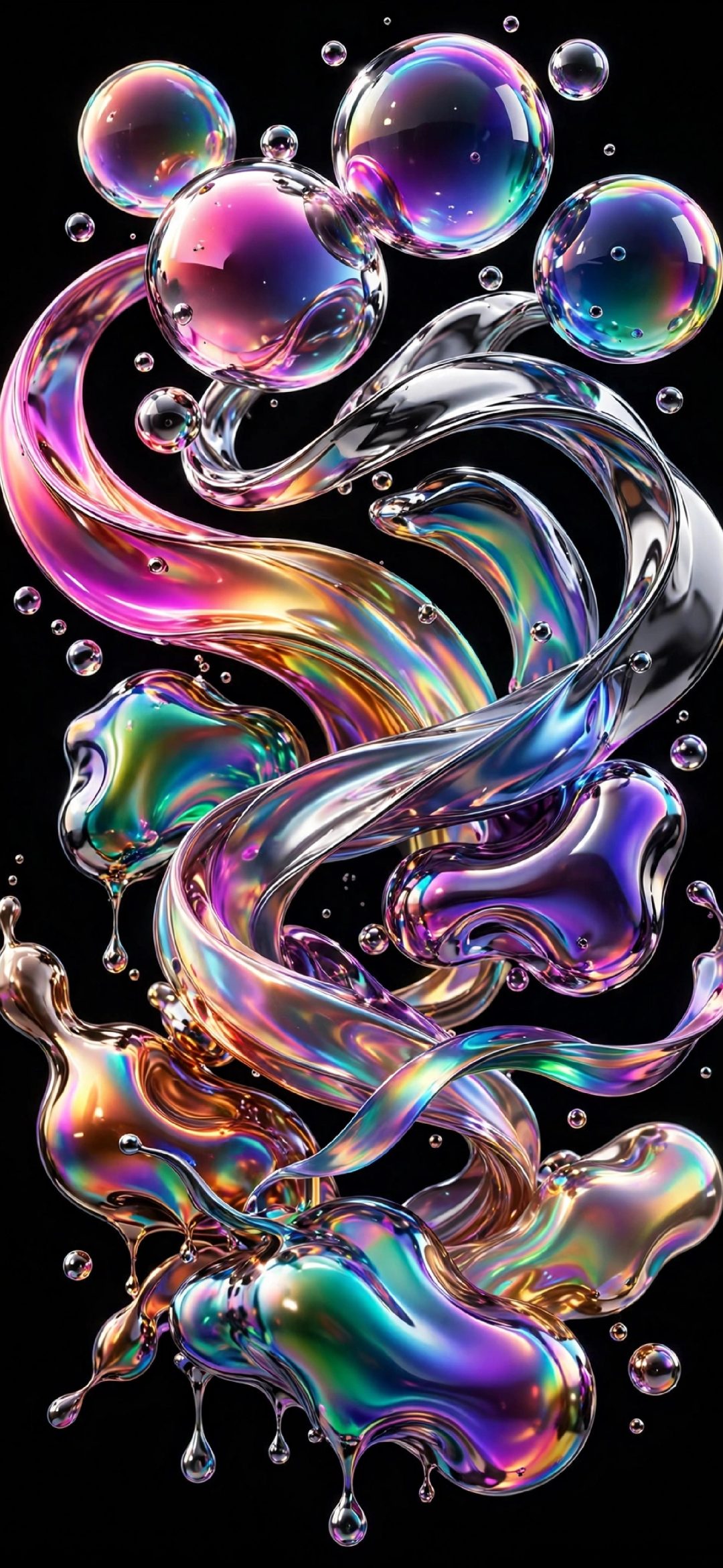 Iridescent chrome bubbles and twisted rainbow ribbons on a black background