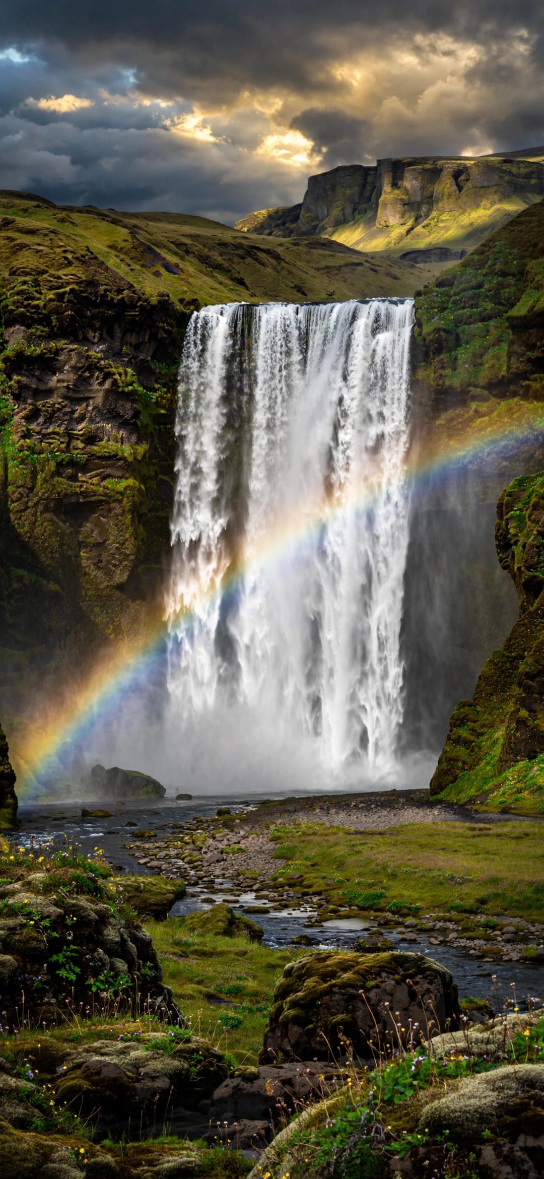 Tall waterfall with a rainbow, green cliffs and mossy rocks under cloudy sky