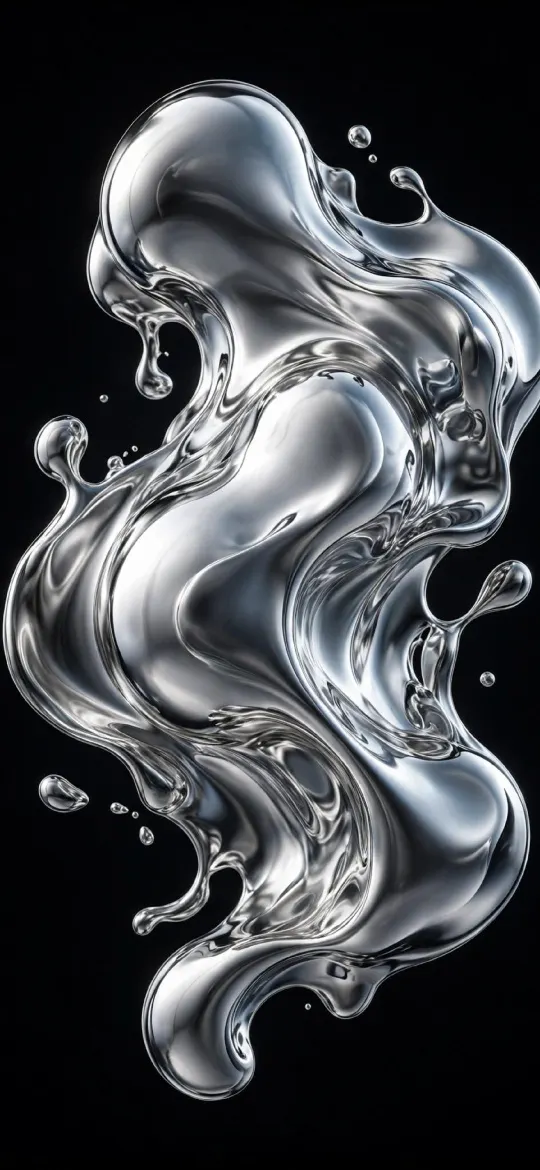 Silver liquid metal blob with splashes on a pure black background
