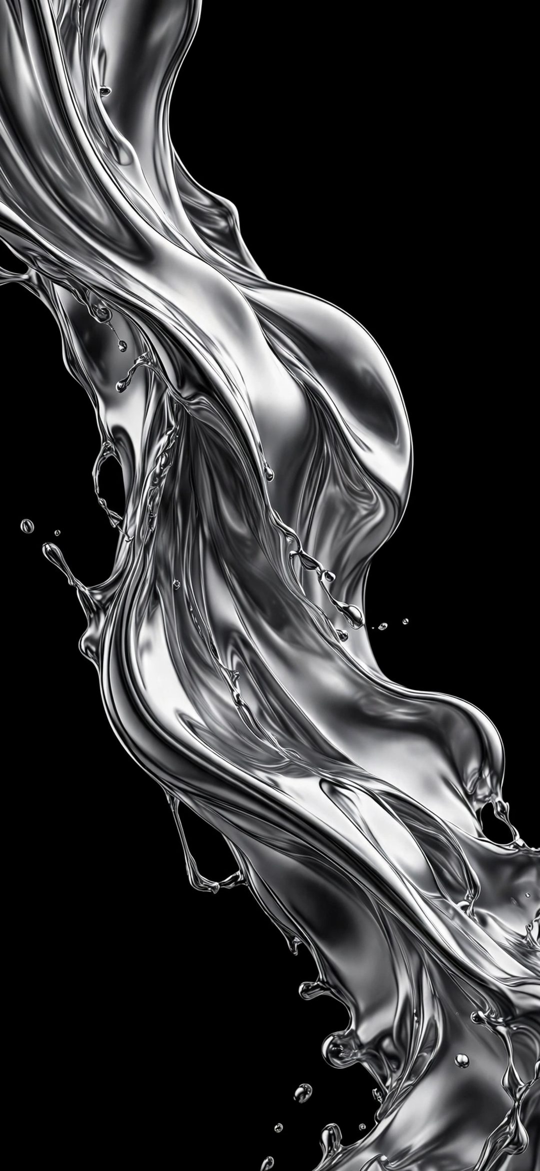 Flowing liquid silver splash with droplets on a black background
