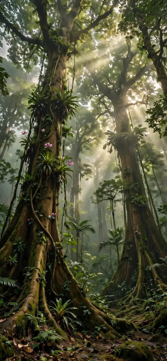Huge mossy rainforest trees with sunbeams shining through misty canopy