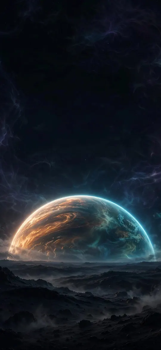 Large copper and teal planet rising over a dark rocky horizon