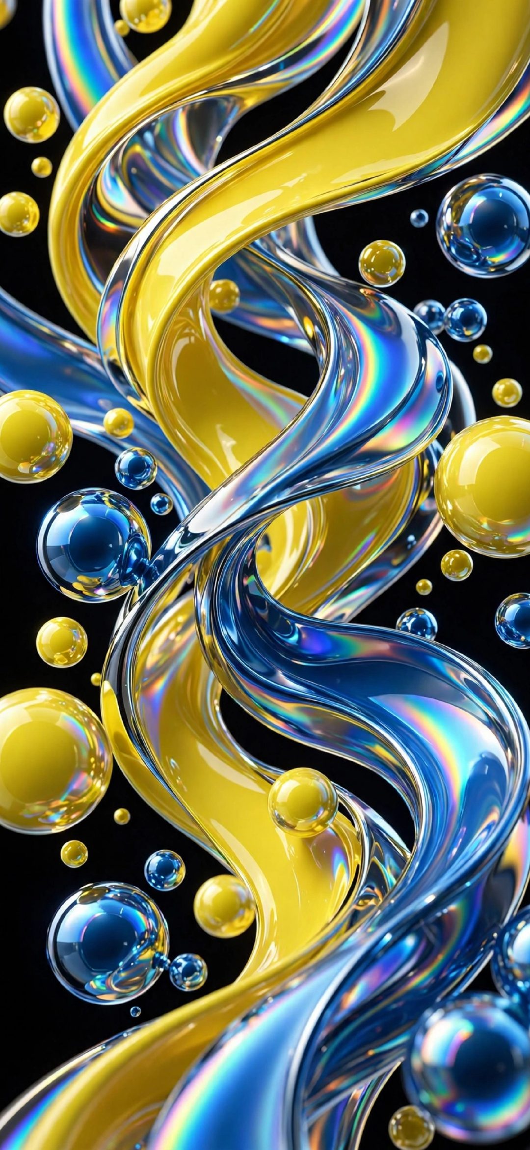 Twisting yellow and blue glossy ribbons with floating bubbles on black