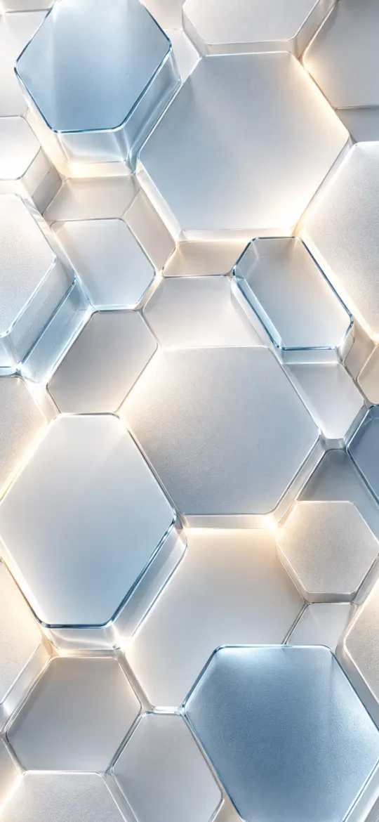 Frosted white and pale blue hexagon tiles with warm backlit edges