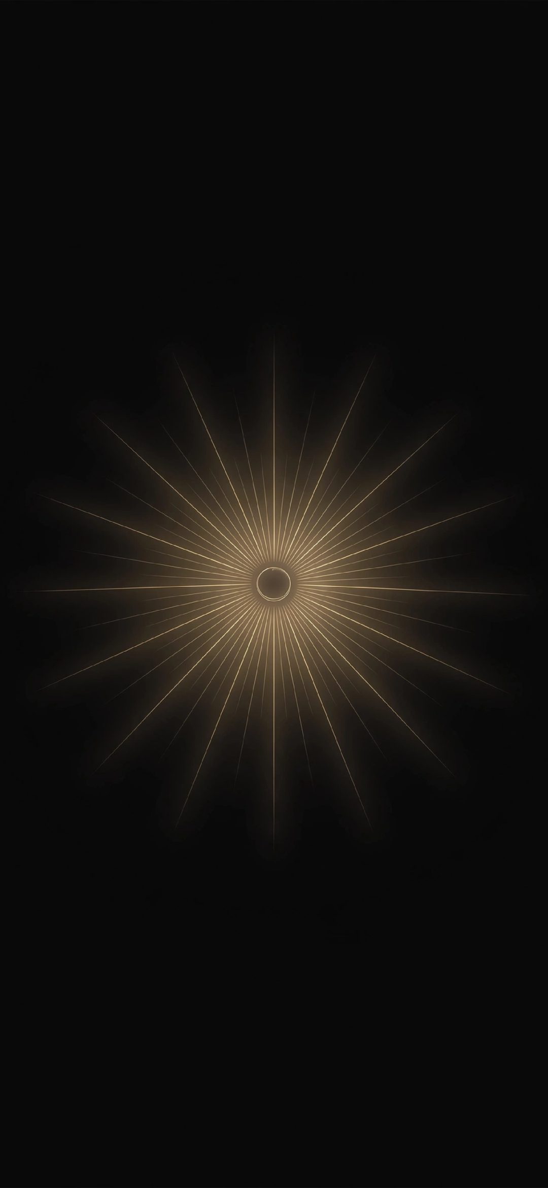 Thin golden rays radiating from a small ring on a black background