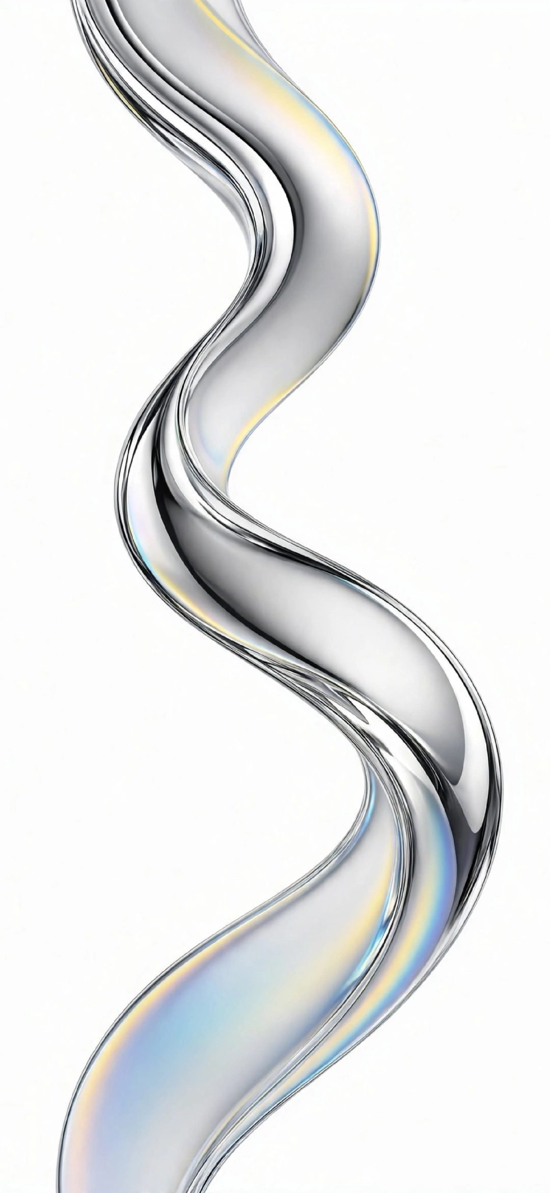 Shiny silver iridescent ribbon twisting down a plain white background