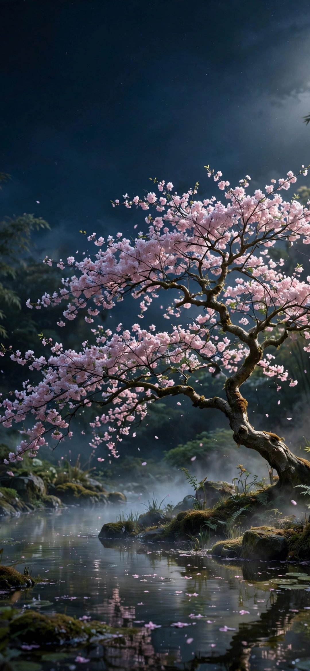 Pink cherry blossom tree over a misty pond at night