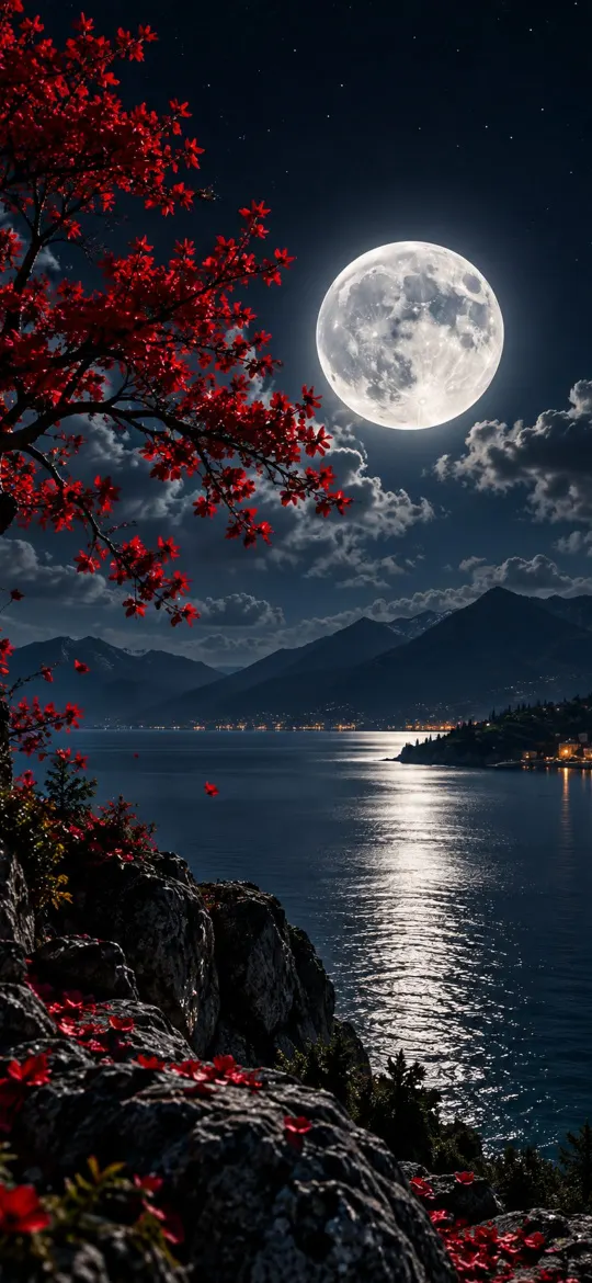 Full moon over a calm lake with mountains and red leaves on rocks