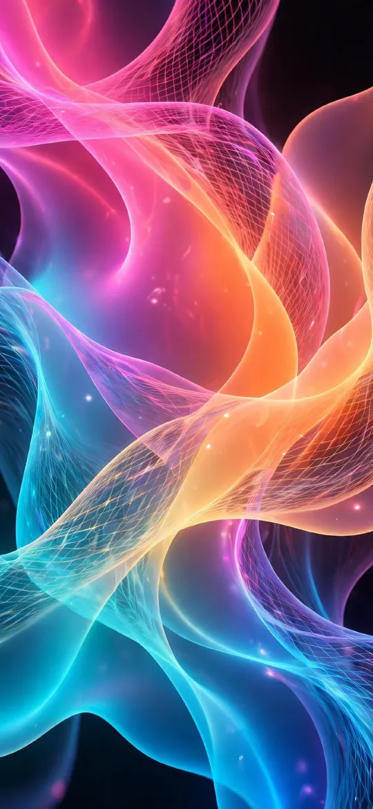 Glowing pink, orange and cyan mesh ribbons swirling on a dark background