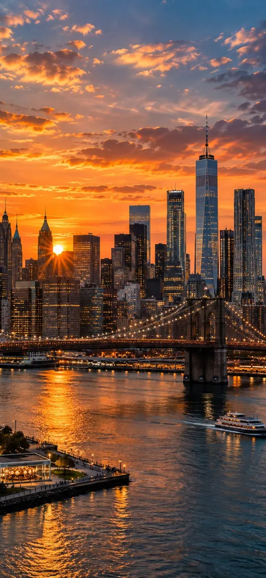 Manhattan skyline and bridge at sunset over the river with orange sky