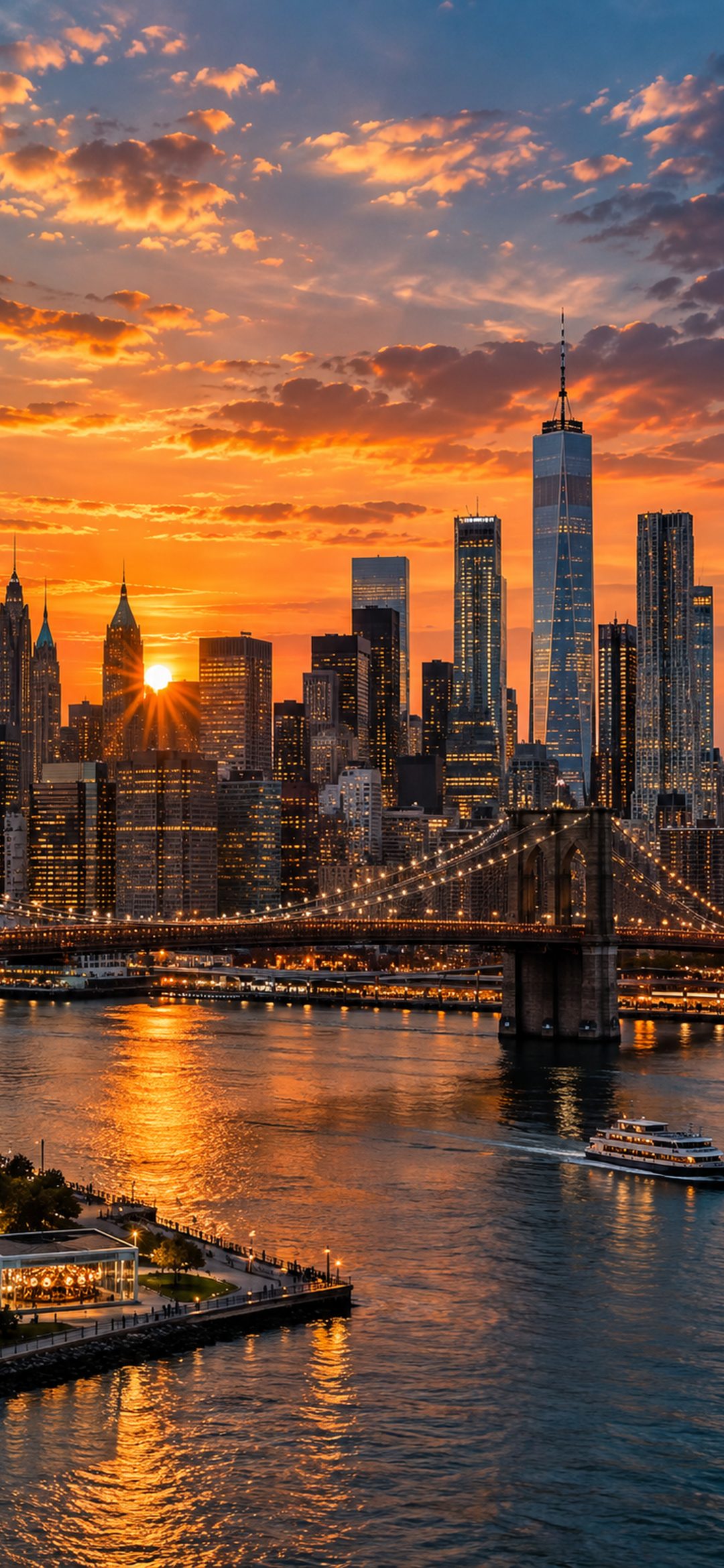Manhattan skyline and bridge at sunset over the river with orange sky