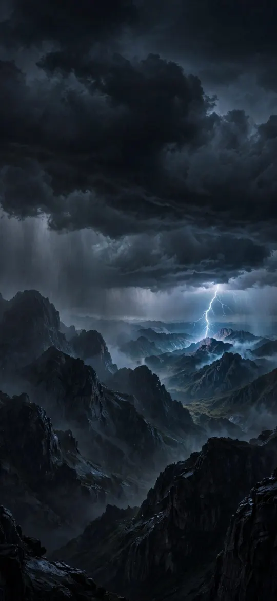 Lightning striking dark mountains beneath heavy storm clouds at night