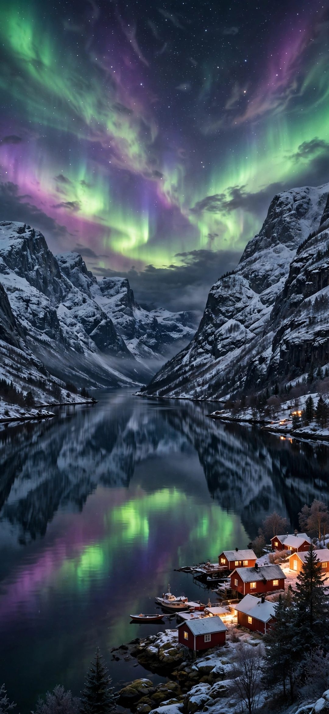 Green and purple aurora over snowy fjord with red cabins and boats